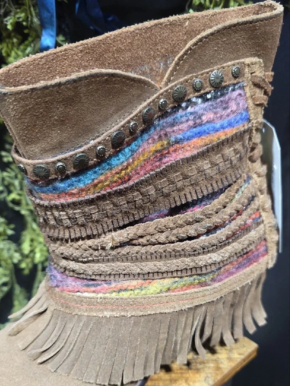 Naughty Monkey Brown Suede Fringe Ankle Boots with Multicolor Yarn Trim
